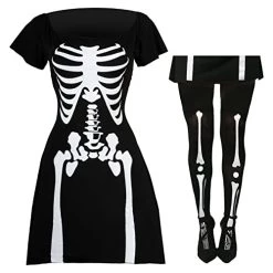 Ladies Halloween Skeleton Skater Dress With Tights - Perfect For Halloween Parties And Fancy Dress
