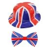 Union Jack Accessory Set - Plastic Union Jack Bowler Hat + Union Jack Bowtie - Kings Coronation Street Party Fancy Dress Costume Accessory Set