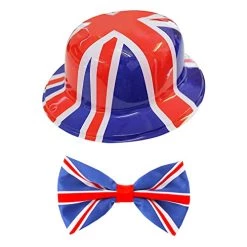 Union Jack Accessory Set - Plastic Union Jack Bowler Hat + Union Jack Bowtie - Kings Coronation Street Party Fancy Dress Costume Accessory Set