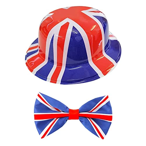 Union Jack Accessory Set - Plastic Union Jack Bowler Hat + Union Jack Bowtie - Kings Coronation Street Party Fancy Dress Costume Accessory Set 1 Union Jack Accessory Set - Plastic Union Jack Bowler Hat + Union Jack Bowtie - Kings Coronation Street Party Fancy Dress Costume Accessory Set