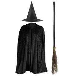 Girls Halloween Witch Costume - Black Velour Cape, Pointed Witch Hat And 3-Piece Witch Broom - Kids Halloween World Book Day Fancy Dress Costume