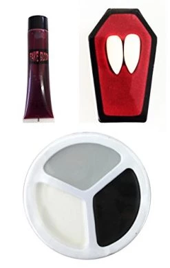 HALLOWEEN FANCY DRESS ACCESSORY SET VAMPIRE FANGS BLOOD OR FACEPAINT VAMP SET ONE SIZE (FANGS, BLOOD & WHITE FACEPAINT)