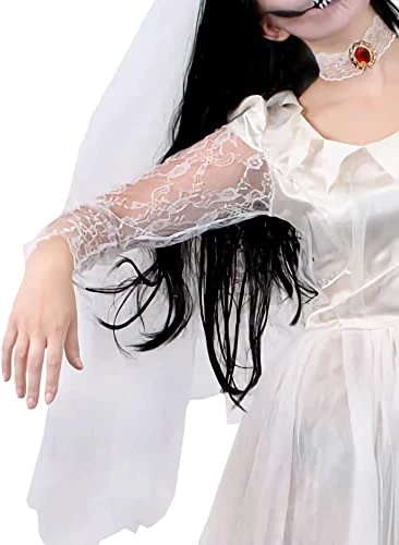 LADIES GHOST BRIDE FANCY DRESS COSTUME - HALLOWEEN CORPSE BRIDE COSTUME RAGGED WHITE WEDDING DRESS + FAKE BLACK ROSE BOUQUET - PERFECT FOR HALLOWEEN OR HORROR THEMED PARTIES 5 LADIES GHOST BRIDE FANCY DRESS COSTUME - HALLOWEEN CORPSE BRIDE COSTUME RAGGED WHITE WEDDING DRESS + FAKE BLACK ROSE BOUQUET - PERFECT FOR HALLOWEEN OR HORROR THEMED PARTIES - Image 5