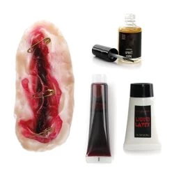 Halloween Safety Pin Scar Set - 3D Safety Pin Scar Makeup, Spirit Gum Adhesive, Liquid Latex, Fake Blood - Halloween Trick Or Treat Fancy Dress Make Up