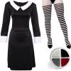 Ladies Gothic Manor Daughter Fancy Dress Costume - Adult's Wednesday Halloween Costume - Long Black Collared Dres, Tights & Facepaint