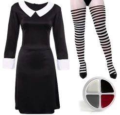 Ladies Gothic Manor Daughter Fancy Dress Costume - Adult's Wednesday Halloween Costume - Long Black Collared Dres, Tights & Facepaint