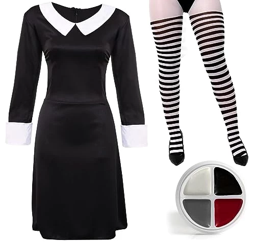 Ladies Gothic Manor Daughter Fancy Dress Costume - Adult's Wednesday Halloween Costume - Long Black Collared Dres, Tights & Facepaint 1 Ladies Gothic Manor Daughter Fancy Dress Costume - Adult's Wednesday Halloween Costume - Long Black Collared Dres, Tights & Facepaint