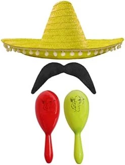 MEXICAN FANCY DRESS ACCESSORY SET - MEXICAN SOMBRERO WITH MARACAS AND TASH BLACK POM POM SOMBRERO + 2X RED MARACAS -I Love Fancy Dress Ltd Shop 41T20OMsVuS. AC
