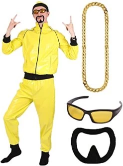 90s Celebrity Costume - Adults Yellow & Black Shell Suit + Matching Hat + Sunglasses + Gold Chain + Black Goatee - Funny Rapper Halloween Stag Do Fancy Dress Costume