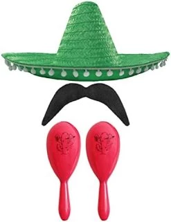 MEXICAN FANCY DRESS ACCESSORY SET - MEXICAN SOMBRERO WITH MARACAS AND TASH BLACK POM POM SOMBRERO + 2X RED MARACAS -I Love Fancy Dress Ltd Shop 41Ty66or3aS. AC