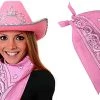 PINK COWBOY HAT WITH ATTACHED TIARA + PINK PAISLEY BANDANA FANCY DRESS ACCESSORY SET HEN NIGHT LADIES COWGIRL SET (PACK OF 3)