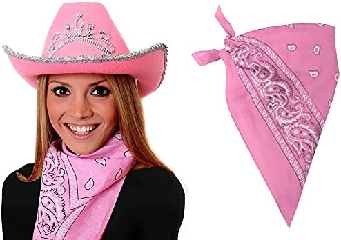 PINK COWBOY HAT WITH ATTACHED TIARA + PINK PAISLEY BANDANA FANCY DRESS ACCESSORY SET HEN NIGHT LADIES COWGIRL SET (PACK OF 3) 2 PINK COWBOY HAT WITH ATTACHED TIARA + PINK PAISLEY BANDANA FANCY DRESS ACCESSORY SET HEN NIGHT LADIES COWGIRL SET (PACK OF 3) - Image 2