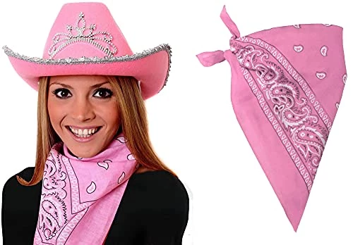PINK COWBOY HAT WITH ATTACHED TIARA + PINK PAISLEY BANDANA FANCY DRESS ACCESSORY SET HEN NIGHT LADIES COWGIRL SET (PACK OF 3) 1 PINK COWBOY HAT WITH ATTACHED TIARA + PINK PAISLEY BANDANA FANCY DRESS ACCESSORY SET HEN NIGHT LADIES COWGIRL SET (PACK OF 3)