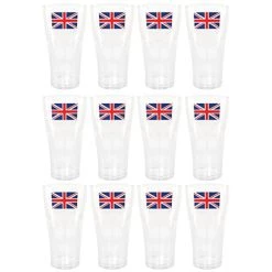 I LOVE FANCY DRESS Union Jack Pint Glass - Pack Of 12 Plastic Pint Cups With Union Jack Flag Design - King's Coronation Jubilee Street Party Picnic Tableware
