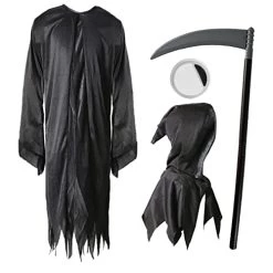 Childs Grim Reaper Halloween Fancy Dress Costume Set - Black Robe + Scythe + Facepaint - Boys Death Reaper Set