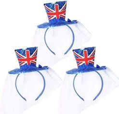 I LOVE FANCY DRESS 1X RULE BRITANNIA UNION JACK MINI TOP HAT FASCINATOR WITH VEIL - TOP HAT ON HEADBAND