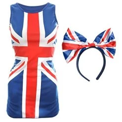 Ladies Union Jack Dress And Bow Headband - Blue Dress With Union Jack Flag Design And Union Jack Bow On A Headband - King's Coronation Street Party Fancy Dress Costume