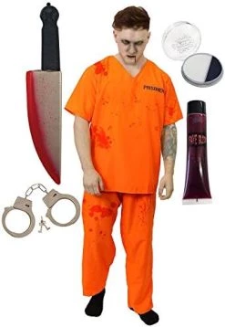 ZOMBIE CONVICT HALLOWEEN FANCY DRESS COSTUME SET. ORANGE PRISONER TOP & TROUSERS + KNIFE + BLOOD + HANDCUFFS + FACEPAINT. ESCAPED PRISONER HORROR SERIAL KILLER. SIZE: X-SMALL -I Love Fancy Dress Ltd Shop 41XV54WdrwL. AC 1