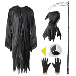 Childs Grim Reaper Halloween Fancy Dress Costume Set - Black Robe + 134 Cm Scythe + Gloves - Boys Death Reaper Set