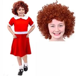 Girls Little Orphan Girl Fancy Dress Costume - Red Dress With Ginger Curly Afro Wig Book Week Costume Musical Character