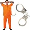 Adults Unisex Prisoners Costume With Cuffs - Orange Prisoner Top, Matching Orange Trousers, Prop Handcuffs – Cops & Robbers, Halloween Fancy Dress
