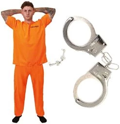 Adults Unisex Prisoners Costume With Cuffs - Orange Prisoner Top, Matching Orange Trousers, Prop Handcuffs – Cops & Robbers, Halloween Fancy Dress