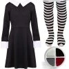 Girls Deluxe Gothic Schoolgirl Fancy Dress Costume - Wednesday Halloween Costume - Long Black Collared Dress + Striped Tights + Facepaint