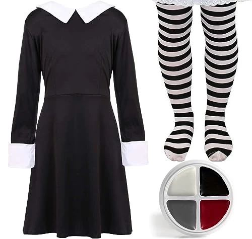 Girls Deluxe Gothic Schoolgirl Fancy Dress Costume - Wednesday Halloween Costume - Long Black Collared Dress + Striped Tights + Facepaint -I Love Fancy Dress Ltd Shop 41YVv1hMwbL