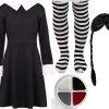 Girls Halloween Gothic Horror Girl Costume - Black Dress With White Collar, Black Plait Wig, Facepaint And Striped Tights - Childs TV Film Halloween Fancy Dress Costume