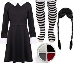 Girls Halloween Gothic Horror Girl Costume - Black Dress With White Collar, Black Plait Wig, Facepaint And Striped Tights - Childs TV Film Halloween Fancy Dress Costume