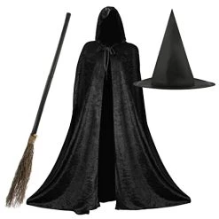 Ladies Halloween Witch Costume - Black Velour Cape, Pointed Witch Hat And 3-Piece Witch Broom - Adults Halloween Trick Or Treat Fancy Dress Costume
