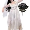 LADIES GHOST BRIDE FANCY DRESS COSTUME - HALLOWEEN CORPSE BRIDE COSTUME RAGGED WHITE WEDDING DRESS + FAKE BLACK ROSE BOUQUET - PERFECT FOR HALLOWEEN OR HORROR THEMED PARTIES