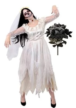 LADIES GHOST BRIDE FANCY DRESS COSTUME - HALLOWEEN CORPSE BRIDE COSTUME RAGGED WHITE WEDDING DRESS + FAKE BLACK ROSE BOUQUET - PERFECT FOR HALLOWEEN OR HORROR THEMED PARTIES