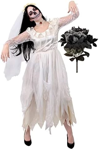 LADIES GHOST BRIDE FANCY DRESS COSTUME - HALLOWEEN CORPSE BRIDE COSTUME RAGGED WHITE WEDDING DRESS + FAKE BLACK ROSE BOUQUET - PERFECT FOR HALLOWEEN OR HORROR THEMED PARTIES 8 LADIES GHOST BRIDE FANCY DRESS COSTUME - HALLOWEEN CORPSE BRIDE COSTUME RAGGED WHITE WEDDING DRESS + FAKE BLACK ROSE BOUQUET - PERFECT FOR HALLOWEEN OR HORROR THEMED PARTIES - Image 8