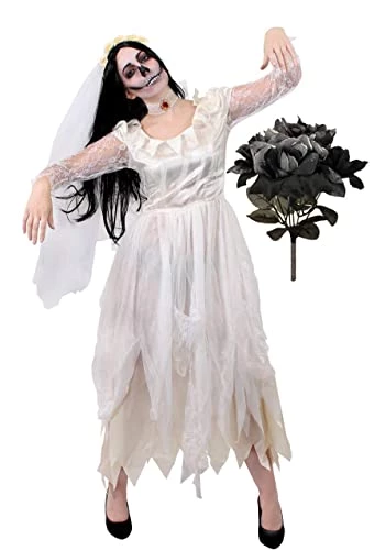 LADIES GHOST BRIDE FANCY DRESS COSTUME - HALLOWEEN CORPSE BRIDE COSTUME RAGGED WHITE WEDDING DRESS + FAKE BLACK ROSE BOUQUET - PERFECT FOR HALLOWEEN OR HORROR THEMED PARTIES 1 LADIES GHOST BRIDE FANCY DRESS COSTUME - HALLOWEEN CORPSE BRIDE COSTUME RAGGED WHITE WEDDING DRESS + FAKE BLACK ROSE BOUQUET - PERFECT FOR HALLOWEEN OR HORROR THEMED PARTIES