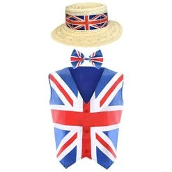 Adults Union Jack Costume - Union Jack Waistcoat + Union Jack Bowtie And Straw Boater Hat With Union Jack Band - King's Coronation Fancy Dress Costume
