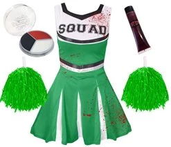 Girls Halloween Zombie Cheerleader Fancy Dress Costume & Accessories – Kids Green Cheer Outfit Including: Short Dress, 2x Green Pom Poms, Fake Blood & Face Paint - Size: Large