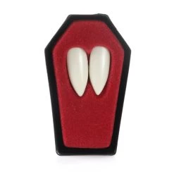 Adhesive Vampire Fangs With Putty - Large White Plastic Fangs Comes In A Red Coffin Box And Dental Adhesive Beads - Perfect For Vampire Dress Up And Halloween Fancy Dress