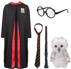 I LOVE FANCY DRESS Kids Wizard Halloween Costume - Magic School Uniform Costume For Book Week/World Book Day - Black Robe With Red Lining & Magic School Crest + Tie + Glasses + Magic Wand + Toy Owl