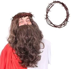 JESUS WIG & BEARD FANCY DRESS ACCESSORY KIT BROWN RELIGIOUS WIG WITH GOLD CROSS & CROWN OF THORNS -I Love Fancy Dress Ltd Shop 41fGqIuw5HL. AC