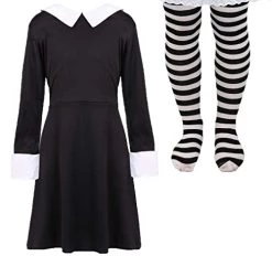 Girls Gothic Schoolgirl Fancy Dress Costume - Wednesday Halloween Costume - Long Black Collared Dress + Striped Tights