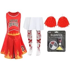 Girls Halloween Devil Cheerleader - Red Cheerleader Dress With Red Pom Poms, Bloody Tights, Fake Blood And Facepaint