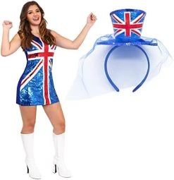 Ladies Sequin Union Jack Dress And Fascinator Hat – Medium - Red, White And Blue Union Jack Flag Sequin Dress, Union Jack Fascinator Hat – 90s Music Icons, Brit Pop, VE Day, Jubilee Fancy Dress -I Love Fancy Dress Ltd Shop 41iCt0 EL L. AC 4