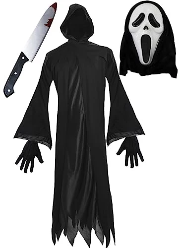 Adults Screamer Mask Halloween Costume Set - Scary Movie Fancy Dress - Black Robe + Fake Knife + Mask + Gloves 2 Adults Screamer Mask Halloween Costume Set - Scary Movie Fancy Dress - Black Robe + Fake Knife + Mask + Gloves - Image 2