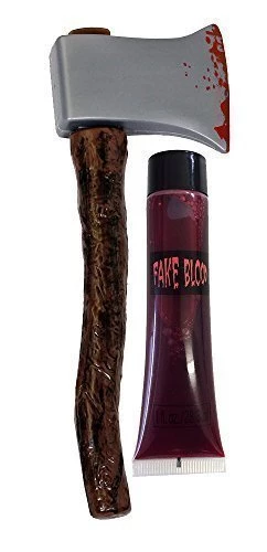 Bloody Axe With Brown Handle & Fake Blood Fancy Dress Accessory - Halloween Costume Set. 41cm Long Plastic Axe Prop With Wooden Handle + Fake Blood. Perfect Fake Axe For Halloween & Film Fancy Dress