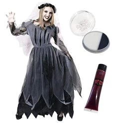 LADIES ZOMBIE GHOST BRIDE BLACK FANCY DRESS COSTUME SET - INCLUDES DRESS + FACEPAINT + FAKE BLOOD - IDEAL FOR HALLOWEEN, SCARY/HORROR DRESSUP, FANCY DRESS PARTIES IN SIZES S - XL