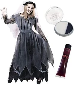 LADIES ZOMBIE GHOST BRIDE BLACK FANCY DRESS COSTUME SET - INCLUDES DRESS + FACEPAINT + FAKE BLOOD - IDEAL FOR HALLOWEEN, SCARY/HORROR DRESSUP, FANCY DRESS PARTIES IN SIZES S - XL -I Love Fancy Dress Ltd Shop 41j4TXa7QL. AC 3