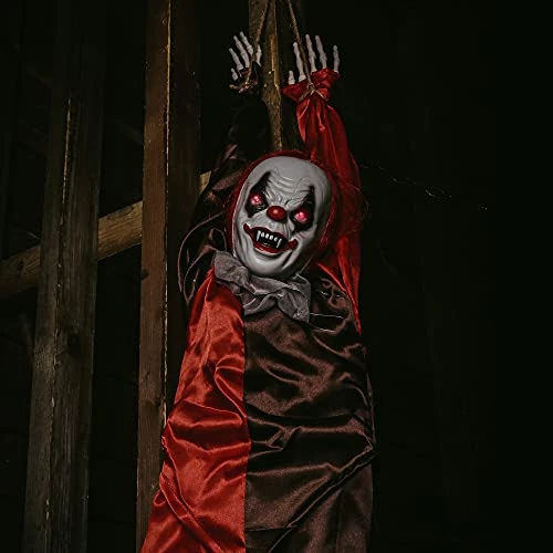 I LOVE FANCY DRESS Scary Clown Halloween Prop Animated Decoration - Red Light Up Eyes & Sound Effects - Noise Activated Hanging Clown Prop With Motorised Legs - Halloween Props - Pack Of 1 4 I LOVE FANCY DRESS Scary Clown Halloween Prop Animated Decoration - Red Light Up Eyes & Sound Effects - Noise Activated Hanging Clown Prop With Motorised Legs - Halloween Props - Pack Of 1 - Image 4