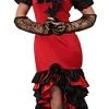 WOMEN'S DAY OF THE DEAD COSTUME - SUGAR SKULL SENORITA HALLOWEEN FANCY DRESS COSTUME - RED & BLACK RUMBA DRESS + SUGAR SKULL MASK + LONG SPIDERWEB GLOVES + BLACK ROSE BOUQUET