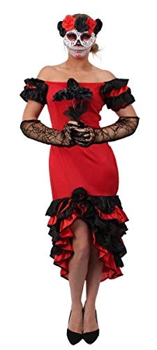 WOMEN'S DAY OF THE DEAD COSTUME - SUGAR SKULL SENORITA HALLOWEEN FANCY DRESS COSTUME - RED & BLACK RUMBA DRESS + SUGAR SKULL MASK + LONG SPIDERWEB GLOVES + BLACK ROSE BOUQUET